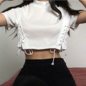 White mock neck lace up crop top
